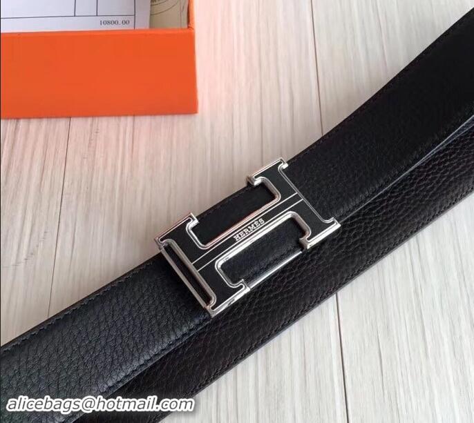 Good Quality hermes 3.8cm black grained leather belt with black buckle 619015