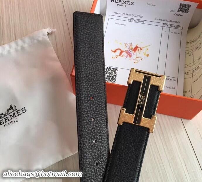 Good Quality hermes 3.8cm black grained leather belt with black buckle 619015