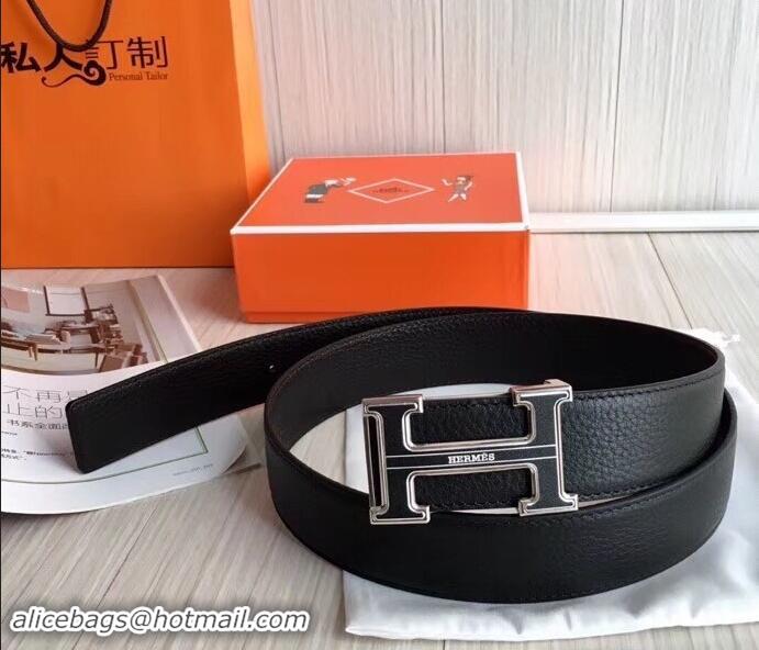 Good Quality hermes 3.8cm black grained leather belt with black buckle 619015