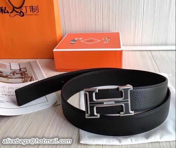 Good Quality hermes 3.8cm black grained leather belt with black buckle 619015