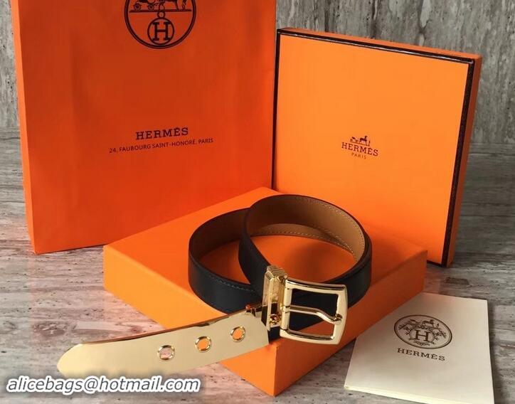 Good Looking Hermes Square Buckle Leather Belt 619016 Black/Gold