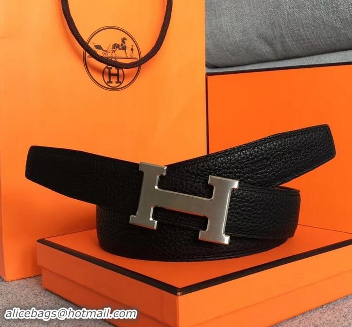 Grade Hermes Width 3.2cm Reversible Leather Constance H Buckle Belt 619021 Black/Silver