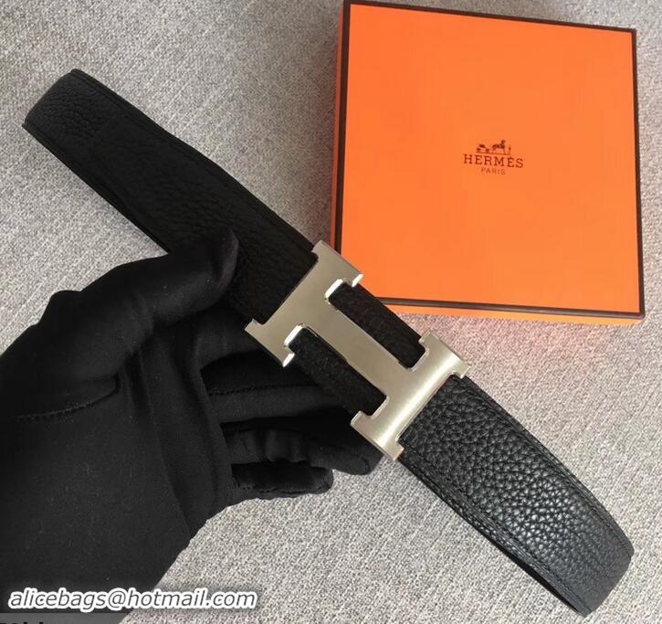 Grade Hermes Width 3.2cm Reversible Leather Constance H Buckle Belt 619021 Black/Silver