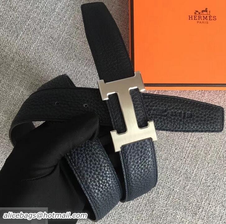 Top Quality Hermes Width 3.2cm Reversible Leather Constance H Buckle Belt 619021 Navy Blue/Silver