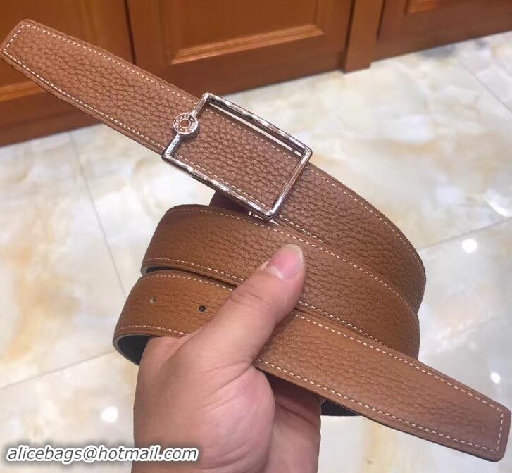 1:1 aaaaa Hermes Width 3.2cm Oscar Buckle Reversible Leather Belt 619025 Brown/Silver