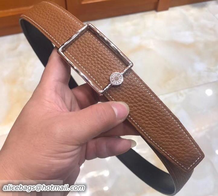 1:1 aaaaa Hermes Width 3.2cm Oscar Buckle Reversible Leather Belt 619025 Brown/Silver