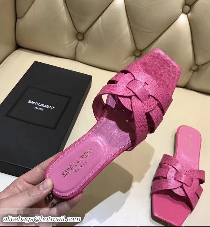 Discount Saint Laurent Lizard Textured Slide Sandal In Leather With Intertwining Straps Y83615 Hot Pink