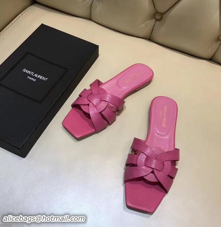 Discount Saint Laurent Lizard Textured Slide Sandal In Leather With Intertwining Straps Y83615 Hot Pink