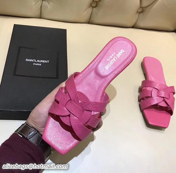 Discount Saint Laurent Lizard Textured Slide Sandal In Leather With Intertwining Straps Y83615 Hot Pink