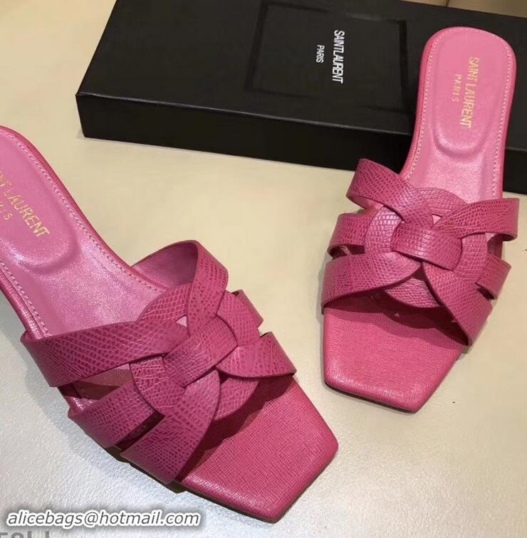 Discount Saint Laurent Lizard Textured Slide Sandal In Leather With Intertwining Straps Y83615 Hot Pink