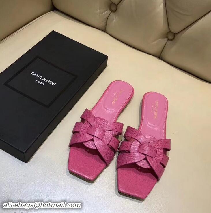 Discount Saint Laurent Lizard Textured Slide Sandal In Leather With Intertwining Straps Y83615 Hot Pink