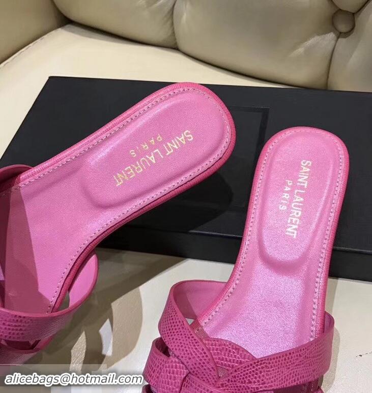 Discount Saint Laurent Lizard Textured Slide Sandal In Leather With Intertwining Straps Y83615 Hot Pink