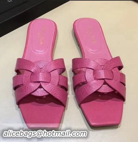 Discount Saint Laurent Lizard Textured Slide Sandal In Leather With Intertwining Straps Y83615 Hot Pink