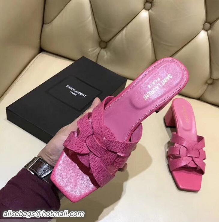 Traditional Saint Laurent Heel Lizard Textured Slide Sandal In Leather With Intertwining Straps Y83616 Hot Pink