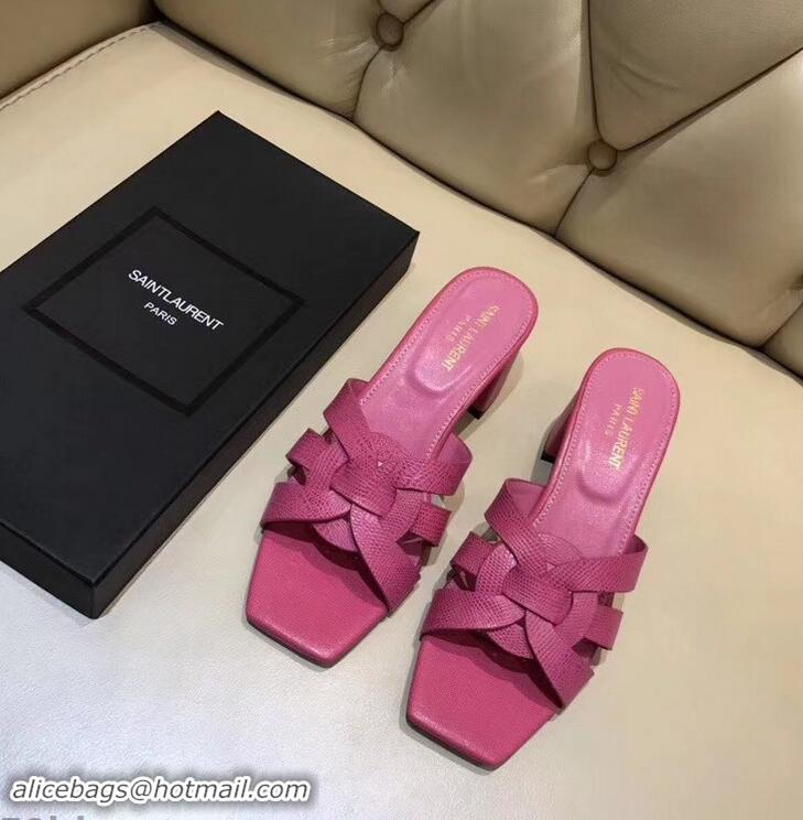 Traditional Saint Laurent Heel Lizard Textured Slide Sandal In Leather With Intertwining Straps Y83616 Hot Pink