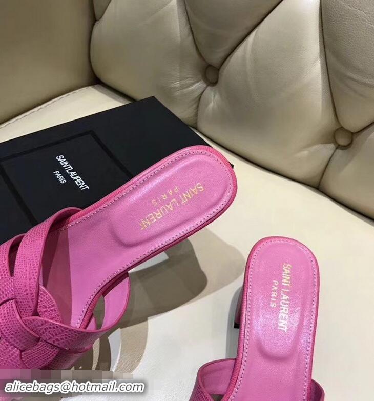 Traditional Saint Laurent Heel Lizard Textured Slide Sandal In Leather With Intertwining Straps Y83616 Hot Pink