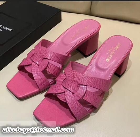 Traditional Saint Laurent Heel Lizard Textured Slide Sandal In Leather With Intertwining Straps Y83616 Hot Pink