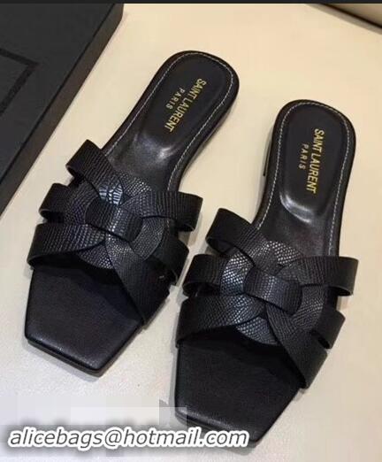 Faux Saint Laurent Lizard Textured Slide Sandal In Leather With Intertwining Straps Y83616 Black