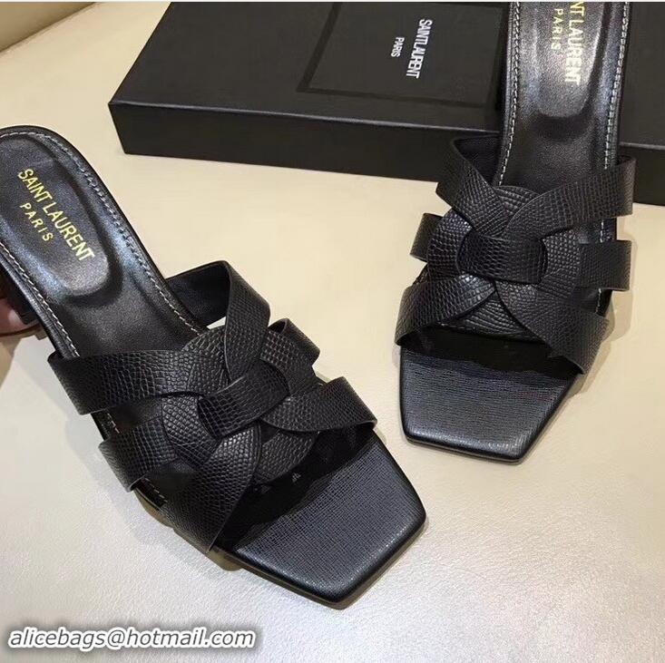 Imitation Saint Laurent Lizard Textured Heel Slide Sandal In Leather With Intertwining Straps Y83618 Black