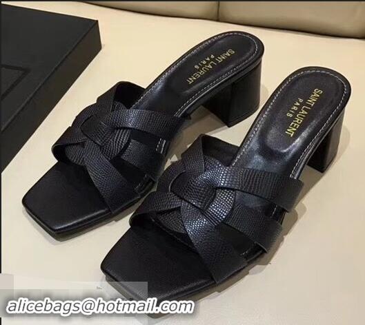 Imitation Saint Laurent Lizard Textured Heel Slide Sandal In Leather With Intertwining Straps Y83618 Black