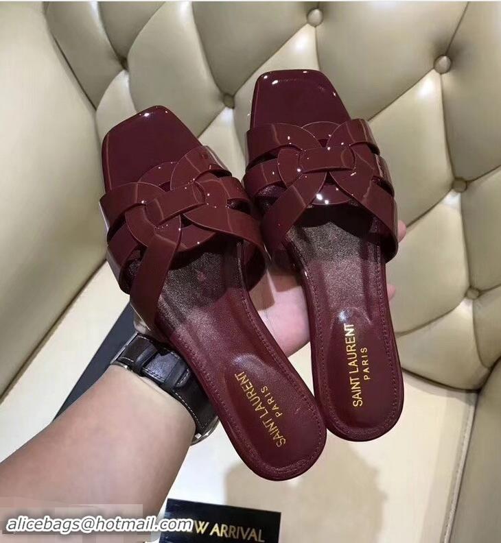 Cheap Saint Laurent Slide Sandal In Patent Leather With Intertwining Straps Y83705 Burgundy