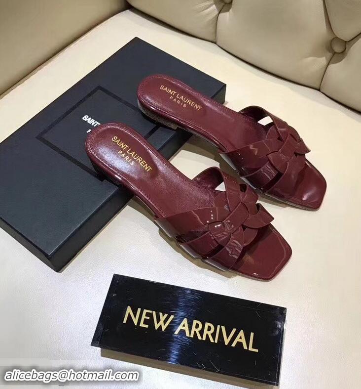 Cheap Saint Laurent Slide Sandal In Patent Leather With Intertwining Straps Y83705 Burgundy