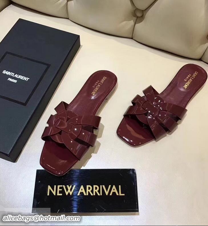 Cheap Saint Laurent Slide Sandal In Patent Leather With Intertwining Straps Y83705 Burgundy