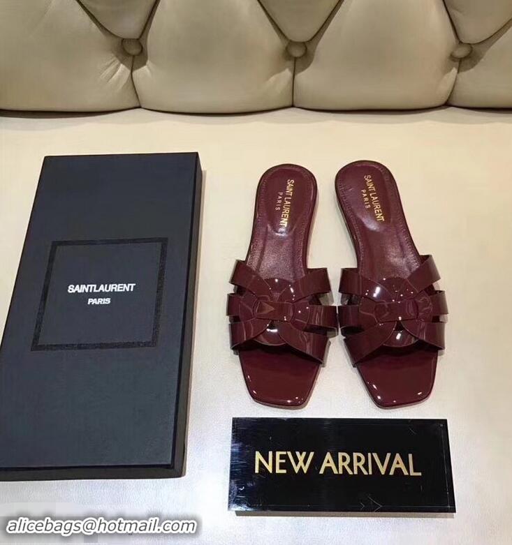 Cheap Saint Laurent Slide Sandal In Patent Leather With Intertwining Straps Y83705 Burgundy