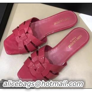 Chic Saint Laurent Slide Sandal In Patent Leather With Intertwining Straps Y83706 Hot Pink