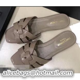 Charming Saint Laurent Slide Sandal In Patent Leather With Intertwining Straps Y83708 Khaki