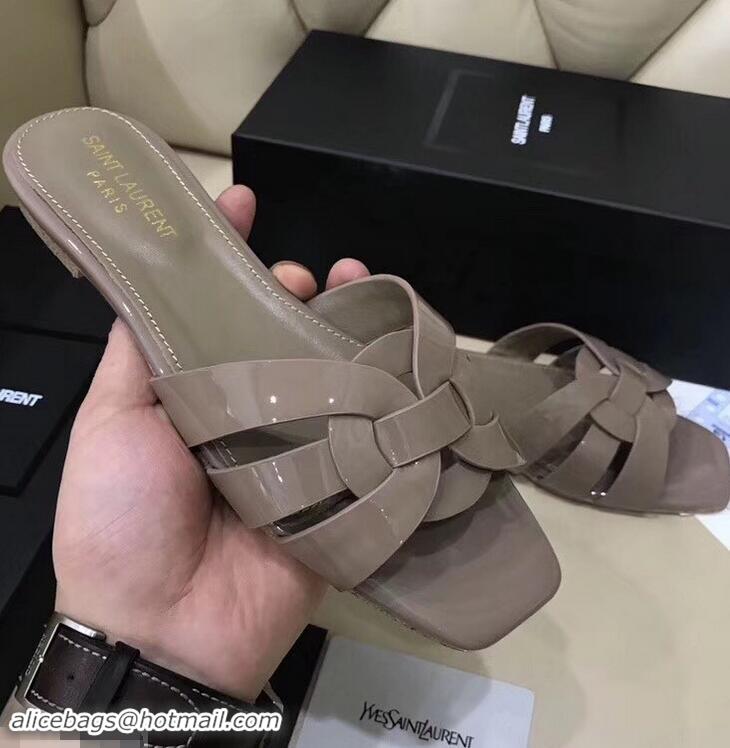 Charming Saint Laurent Slide Sandal In Patent Leather With Intertwining Straps Y83708 Khaki