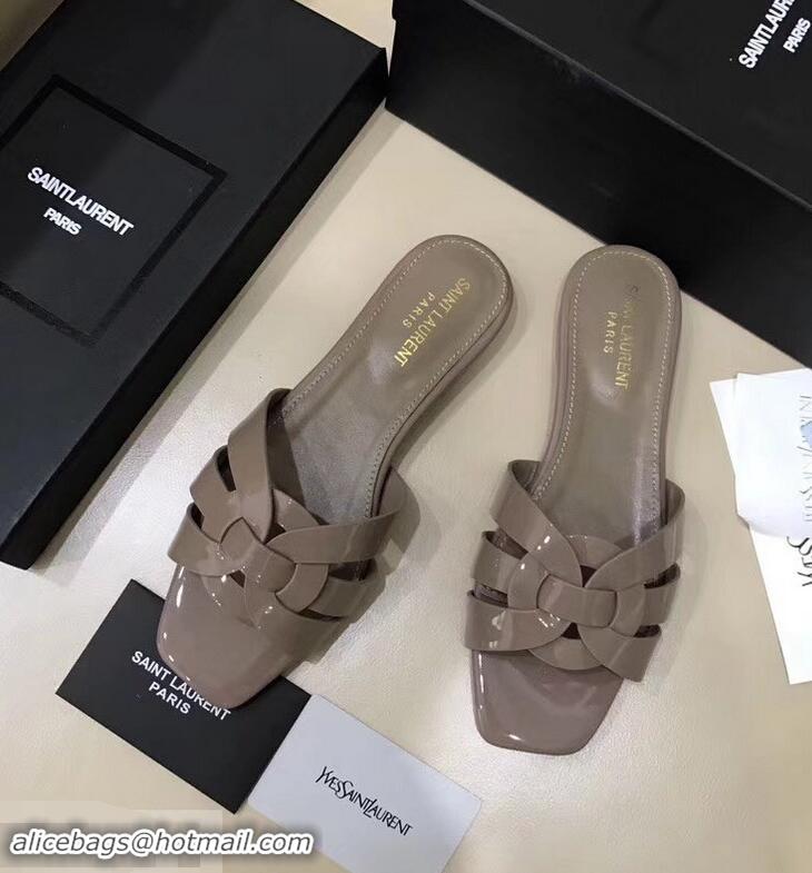 Charming Saint Laurent Slide Sandal In Patent Leather With Intertwining Straps Y83708 Khaki