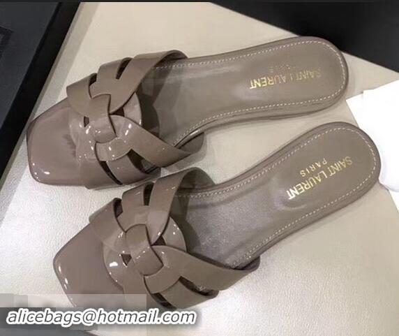 Charming Saint Laurent Slide Sandal In Patent Leather With Intertwining Straps Y83708 Khaki