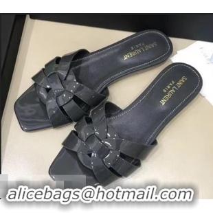 Good Product Saint Laurent Slide Sandal In Patent Leather With Intertwining Straps Y83711 Grey