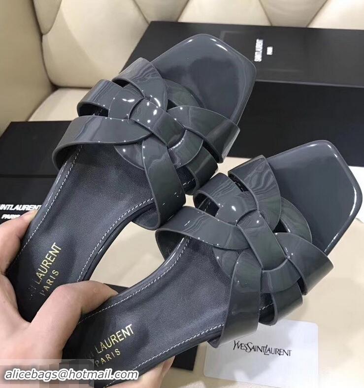 Good Product Saint Laurent Slide Sandal In Patent Leather With Intertwining Straps Y83711 Grey