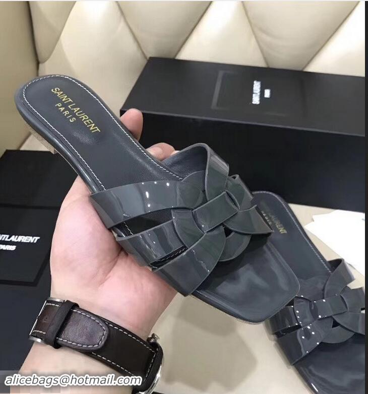 Good Product Saint Laurent Slide Sandal In Patent Leather With Intertwining Straps Y83711 Grey