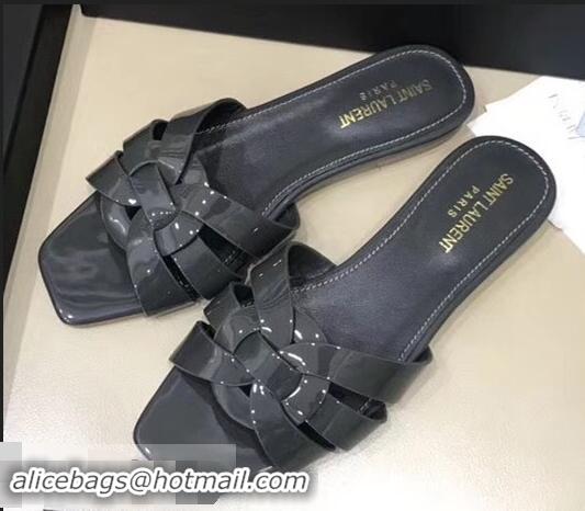 Good Product Saint Laurent Slide Sandal In Patent Leather With Intertwining Straps Y83711 Grey