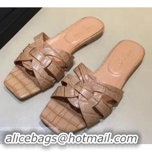 Top Design Saint Laurent Slide Sandal In Crocodile Textured With Intertwining Straps Y83801 Camel