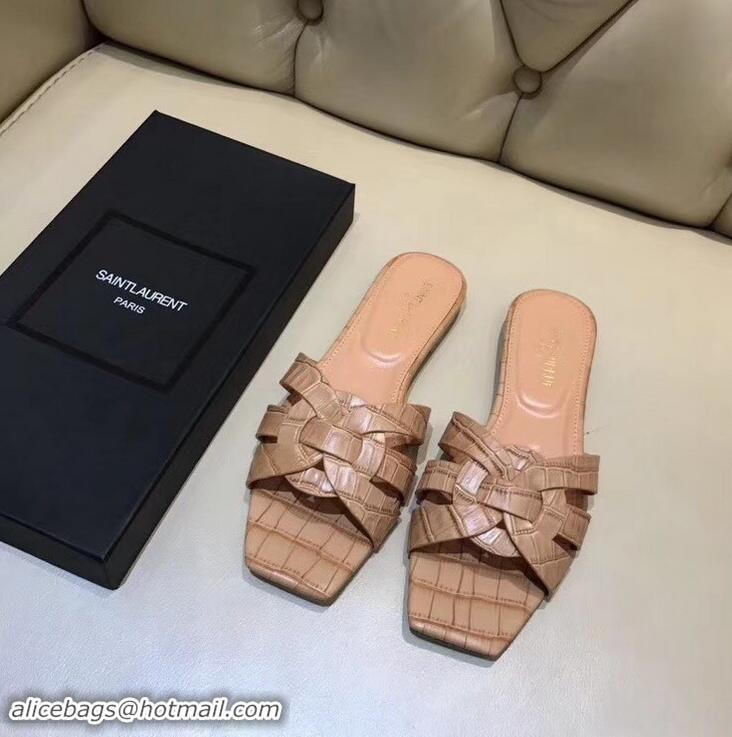 Top Design Saint Laurent Slide Sandal In Crocodile Textured With Intertwining Straps Y83801 Camel