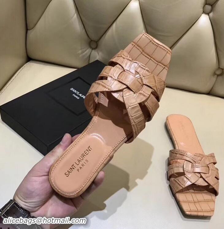 Top Design Saint Laurent Slide Sandal In Crocodile Textured With Intertwining Straps Y83801 Camel