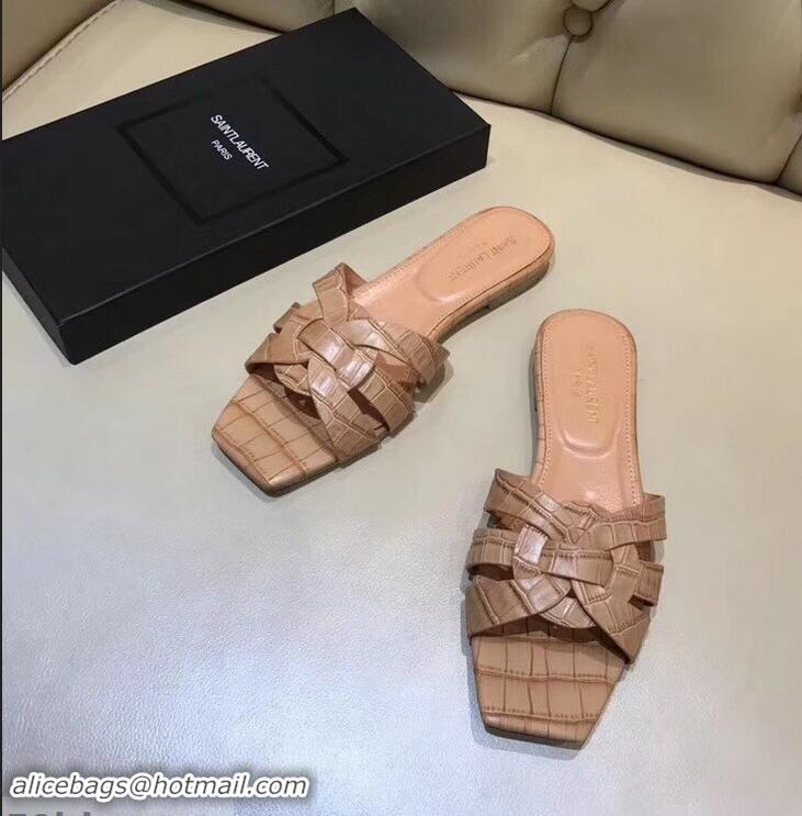 Top Design Saint Laurent Slide Sandal In Crocodile Textured With Intertwining Straps Y83801 Camel