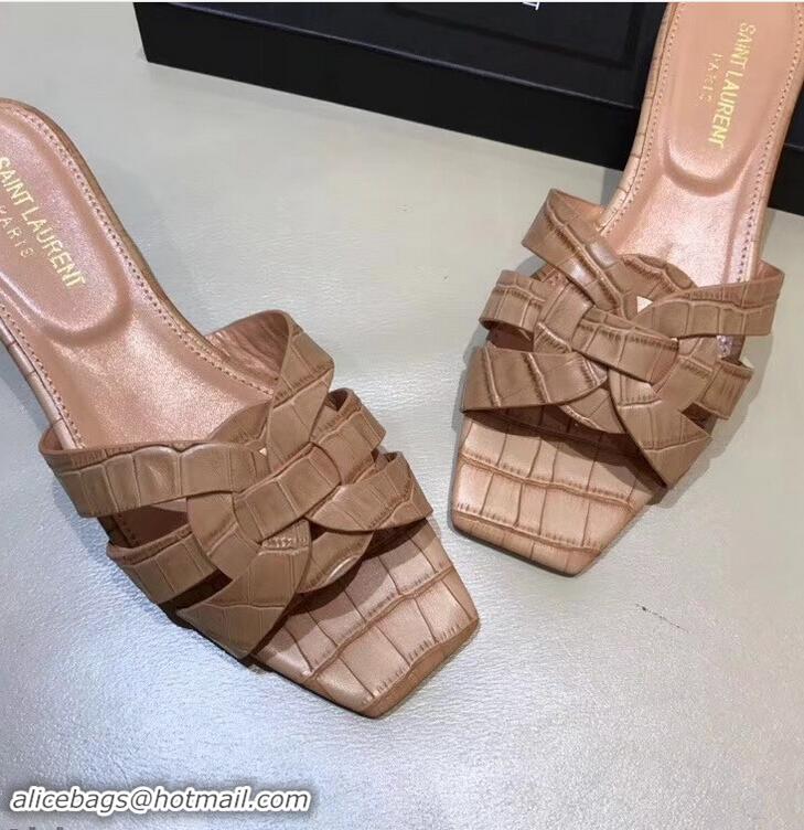 Top Design Saint Laurent Slide Sandal In Crocodile Textured With Intertwining Straps Y83801 Camel