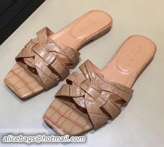 Top Design Saint Laurent Slide Sandal In Crocodile Textured With Intertwining Straps Y83801 Camel