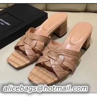 Lower Price Saint Laurent Heel Slide Sandal In Crocodile Textured With Intertwining Straps Y83802 Camel