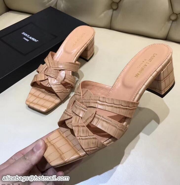 Lower Price Saint Laurent Heel Slide Sandal In Crocodile Textured With Intertwining Straps Y83802 Camel