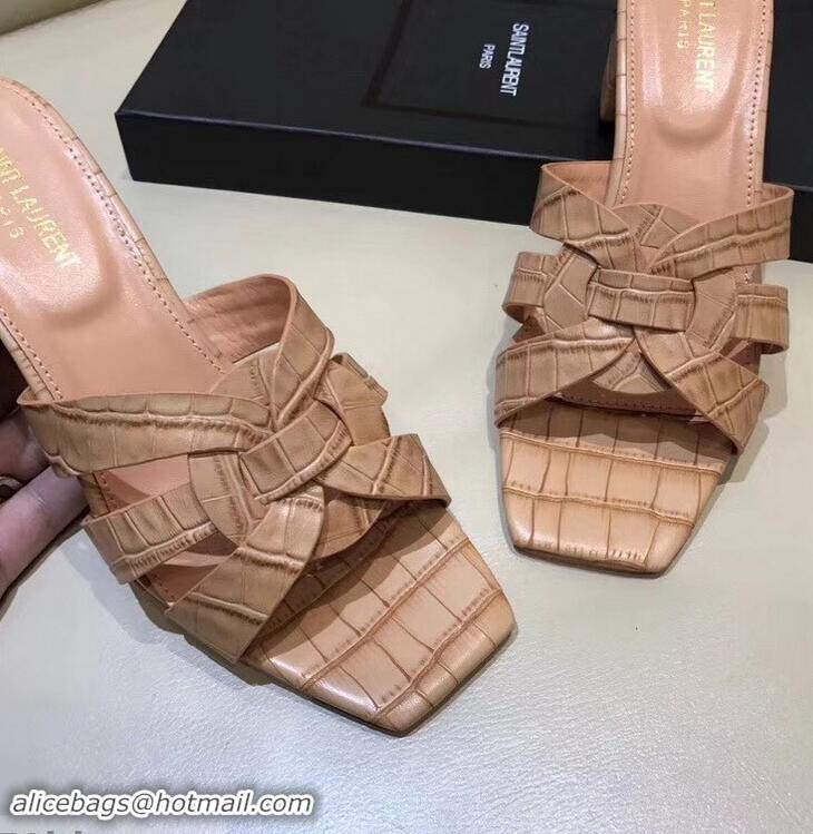 Lower Price Saint Laurent Heel Slide Sandal In Crocodile Textured With Intertwining Straps Y83802 Camel