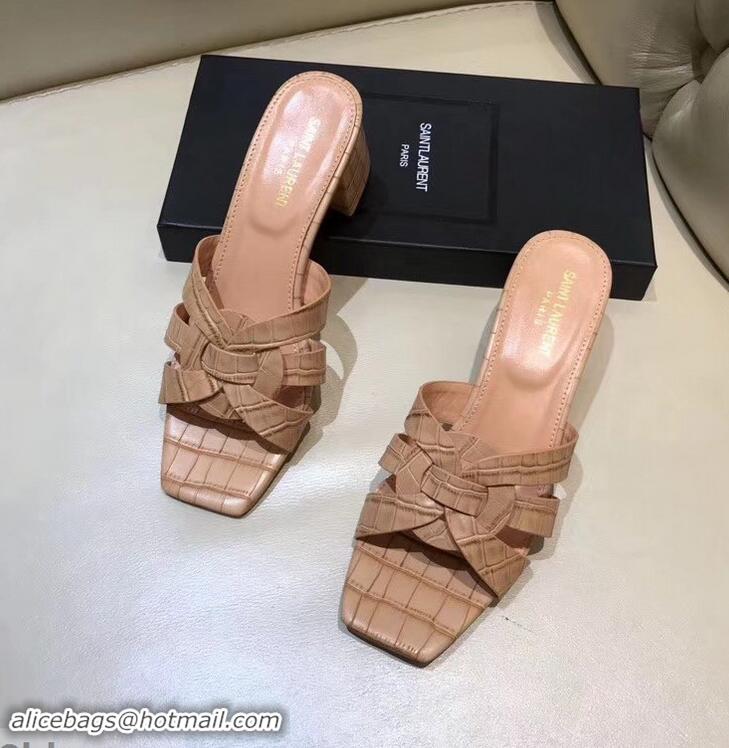 Lower Price Saint Laurent Heel Slide Sandal In Crocodile Textured With Intertwining Straps Y83802 Camel