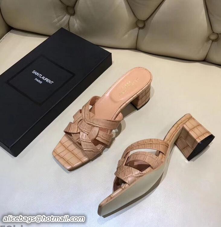 Lower Price Saint Laurent Heel Slide Sandal In Crocodile Textured With Intertwining Straps Y83802 Camel