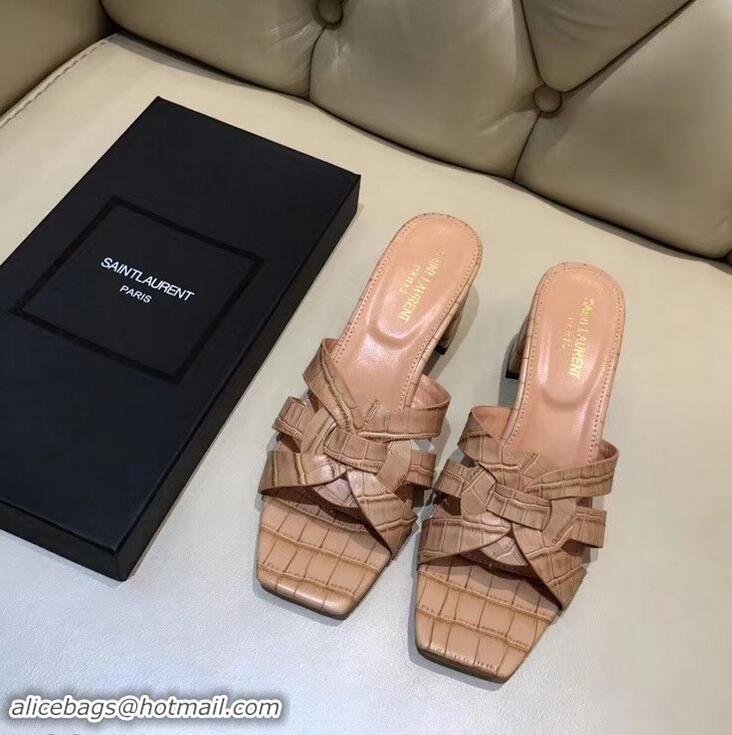 Lower Price Saint Laurent Heel Slide Sandal In Crocodile Textured With Intertwining Straps Y83802 Camel