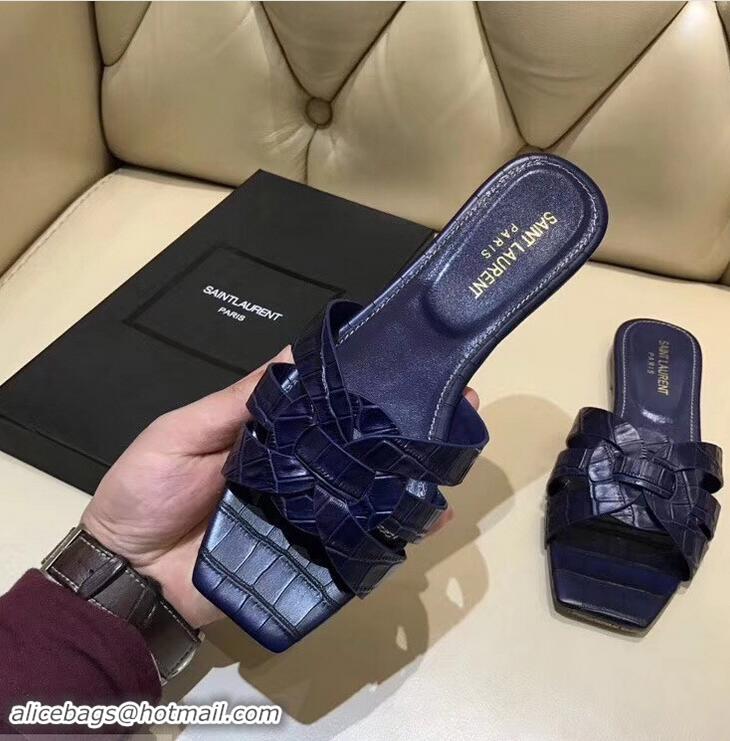 Popular Style Saint Laurent Slide Sandal In Crocodile Textured With Intertwining Straps Y83802 Dark Blue